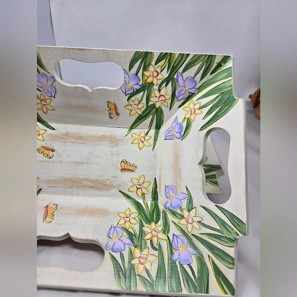Wood Serving Trays Nesting Set Of 2 Handmade-Painted Trays Holders Decor Spring